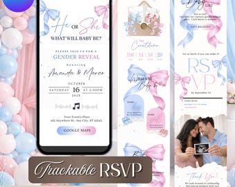 Pink Blue Bow Gender Reveal Website Invitation, He or She Baby Shower, Editable Canva (Digital Download)