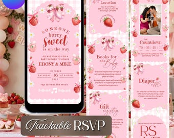 Strawberry Baby Shower Website Invitation, Pink Bow Theme, Editable Canva (Digital Download)