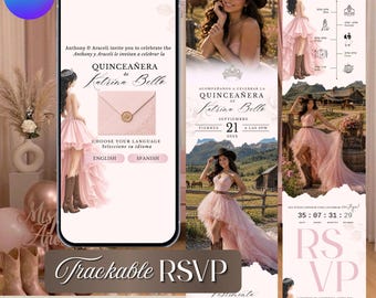 Blush Pink Quinceañera Website Invitation, Western Cowgirl Theme, RSVP Tracker | Bilingual Spanish English  (Instant Download)