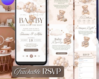 Brown Boho Bear Baby Shower Website Invitation with RSVP Tracker, Editable Canva : Gender Neutral Teddy Bear (Instant Download)
