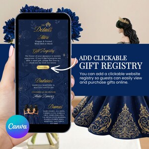 Puede incluir: Un smartphone muestra un dise&ntilde;o de invitaci&oacute;n de boda azul marino con detalles dorados. La pantalla muestra detalles, informaci&oacute;n del registro de regalos y nombres. Tambi&eacute;n se ve el texto "ADD CLICKABLE GIFT REGISTRY".