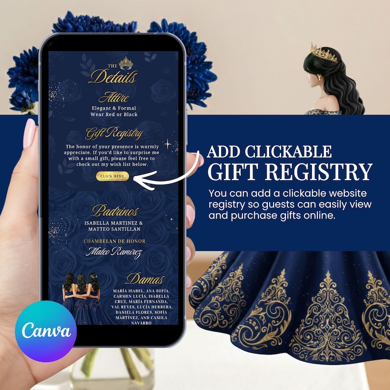 Puede incluir: Un smartphone muestra un dise&ntilde;o de invitaci&oacute;n de boda azul marino con detalles dorados. La pantalla muestra detalles, informaci&oacute;n del registro de regalos y nombres. Tambi&eacute;n se ve el texto "ADD CLICKABLE GIFT REGISTRY".