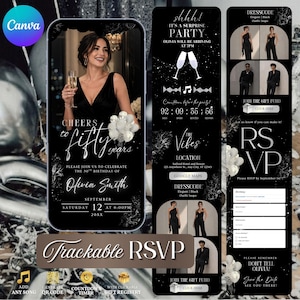 May include: A digital invitation for Olivia Smith's 50th birthday, featuring a black and white design. The invitation includes the text "Cheers to fifty years," event details, and a trackable RSVP. The design incorporates floral accents and a countdown timer.