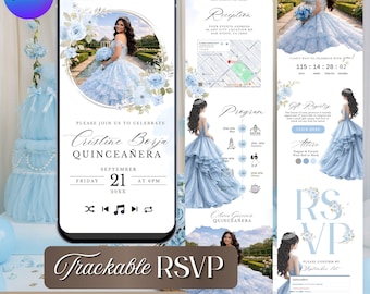 Jasnoniebieskie zaproszenie na stronę internetową Quinceañera, eleganckie słodkie 16, XV Años | Śledzenie RSVP (natychmiastowe pobieranie)
