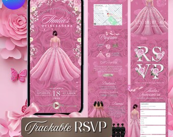 Floral Pink Bow Quinceañera Website Invitation | Sweet 16 XV Años (Instant Download)