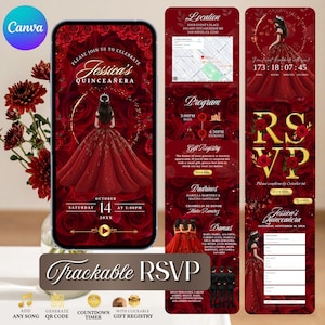 May include: A digital invitation for a Quinceañera, featuring a red gown design with floral accents. The invitation includes event details, RSVP information, and a countdown timer. The design is displayed on a smartphone.