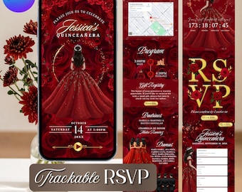 Zaproszenie na stronę internetową Quinceañera z motywem czerwonych kwiatów i funkcją śledzenia RSVP, edytowalne Canva: natychmiastowe pobranie