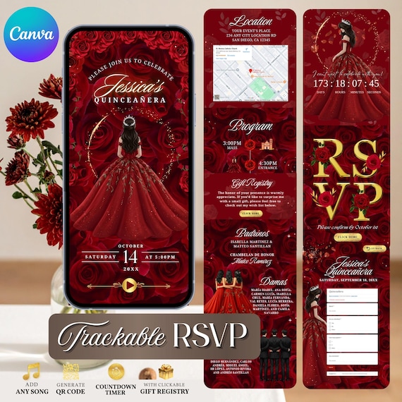 Red Floral Quinceañera Website Invitation with RSVP Tracker, Editable Canva : Instant Download