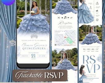 Dusty Blue Quinceañera Website Invitation, Modern Sweet 16 RSVP Tracker (Instant Download)