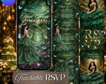 Enchanted Forest Quinceañera Website Invitation, Green Dress Princess Sweet16 | Editable Canva (Instant Download)