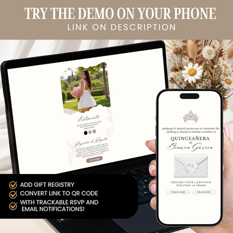 Może przedstawiać: Laptop i smartfon wyświetlające cyfrowy szablon zaproszenia na Quincea&ntilde;era. Na ekranie widoczny jest tekst "Anthony & Araceli invite you to celebrate the Quincea&ntilde;era de Bianca Garcia" oraz grafika przedstawiająca koronę i kopertę.