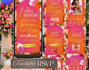 Pink Orange Floral Baby Shower Website Invitation, Spring Bloom Theme, Editable Canva (Digital Download)