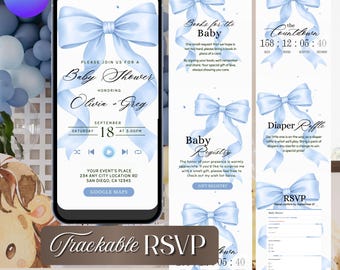 Blue Bow Baby Shower Website Invitation, Editable Canva, Coquette Style (Instant Download)