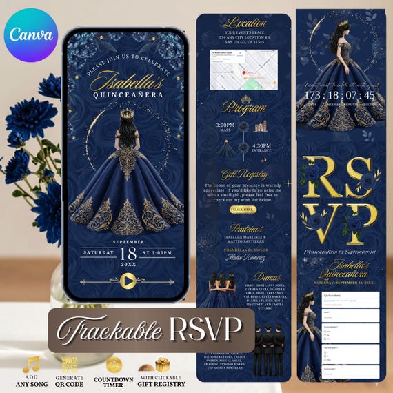 Floral Quinceañera Website Invitation, Navy Blue and Gold, Editable Canva (Instant Download)