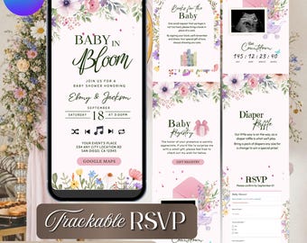 Wildflower Baby Shower Website Invitation, Floral Pink Spring Theme | RSVP Tracker (Instant Download)