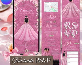 Pink Bow Floral Quinceañera Website Invitation with RSVP Tracker, Editable Canva : Instant Download