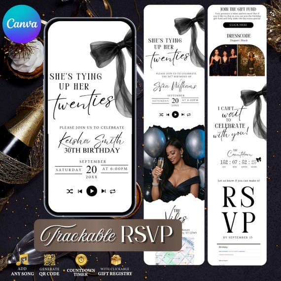 30th Birthday Website Digital Invitation,  Black Bow Coquette Theme (Instant Download)