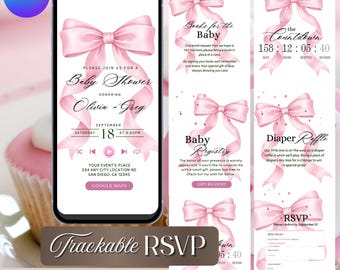 Pink Bow Baby Shower Website Invitation with RSVP Tracker, Editable Canva : Elegant Pink Coquette (Instant Download)