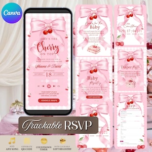 Puede incluir: Invitación rosa para baby shower con tema de cerezas. El diseño incluye el texto "She's the Cherry on Top" y detalles del evento. Tarjetas adicionales incluyen cuenta regresiva, registro e información RSVP.