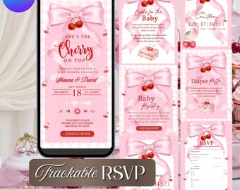 Cherry Baby Shower Website Invitation, Pink Bow Theme, Editable Canva (Digital Download)