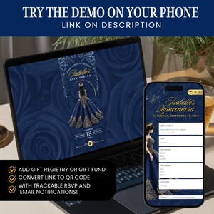 Puede incluir: Un port&aacute;til y un smartphone muestran un dise&ntilde;o de invitaci&oacute;n de Quincea&ntilde;era. El port&aacute;til muestra la invitaci&oacute;n con un dise&ntilde;o de vestido azul, mientras que el tel&eacute;fono muestra un formulario de confirmaci&oacute;n de asistencia. El texto en la pantalla dice "Isabella's Quincea&ntilde;era". La imagen tambi&eacute;n incluye el texto "TRY THE DEMO ON YOUR PHONE".