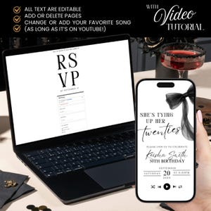 May include: A black laptop and smartphone displaying a birthday party invitation. The invitation on the phone reads "She's Tying Up Her Twenties" with event details. The laptop screen shows an RSVP form. Text on the image states "All text are editable".