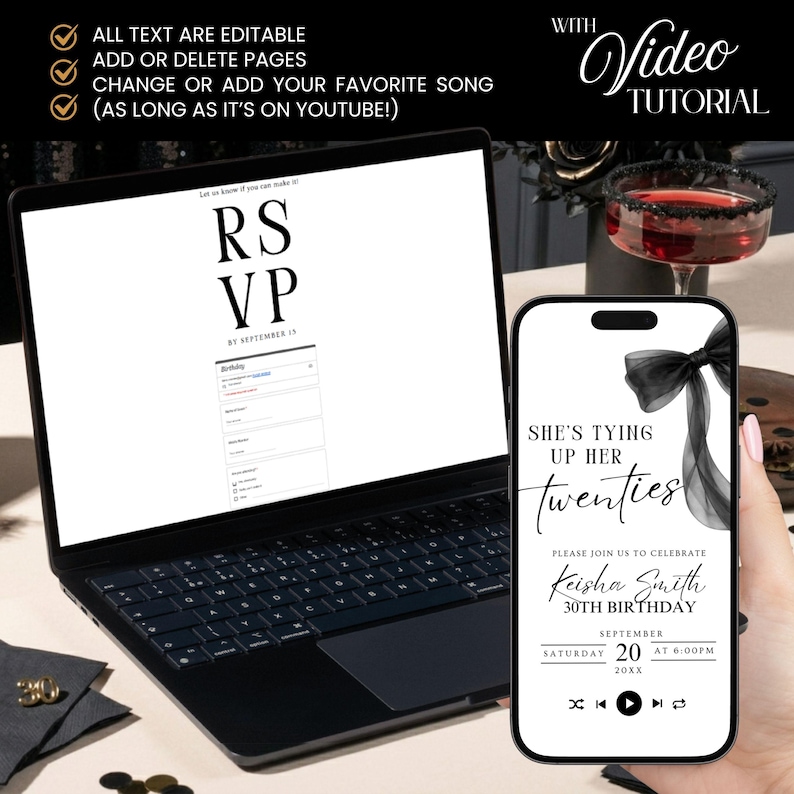 May include: A black laptop and smartphone displaying a birthday party invitation. The invitation on the phone reads "She's Tying Up Her Twenties" with event details. The laptop screen shows an RSVP form. Text on the image states "All text are editable".