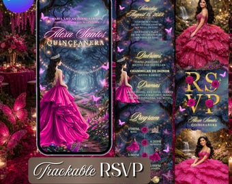 Enchanted Forest Quinceañera Website Invitation, Fuchsia Pink Princess Theme | Editable Canva (Instant Download)