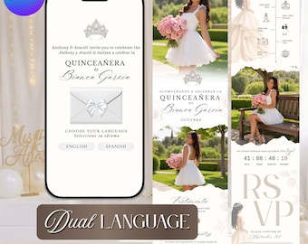 White Quinceañera Website Invitation, Modern Boho Theme, RSVP Tracker | Bilingual Spanish English  (Instant Download)
