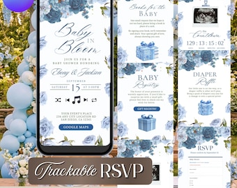 Blue Floral Boy Baby Shower Website Invitation, Dusty Blue Peony Theme (Instant Download)