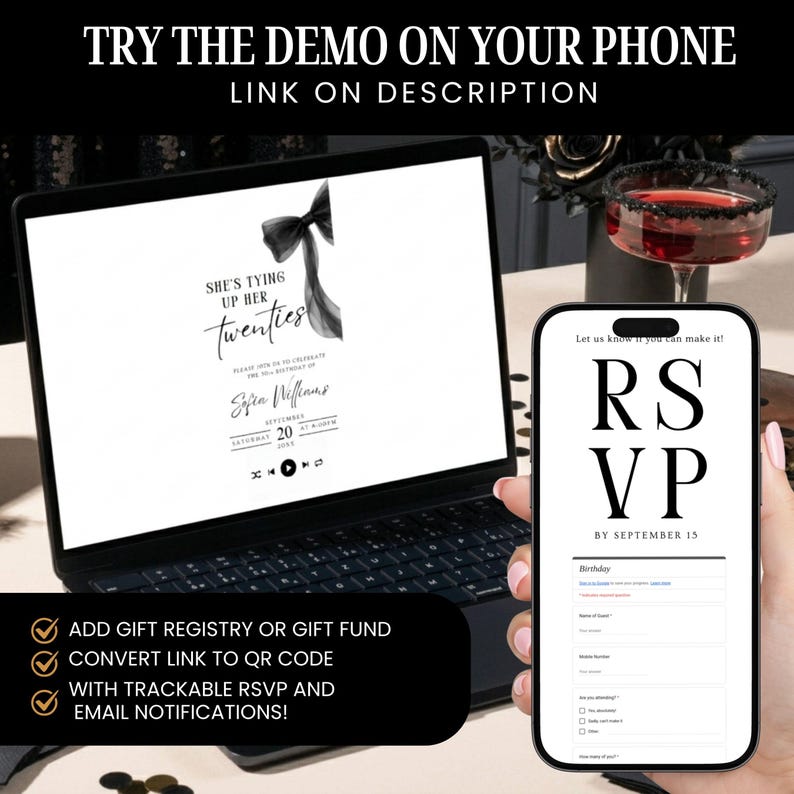 30th Birthday Website Digital Invitation, Black Bow Coquette Theme (Instant Download) image 11