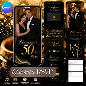 May include: Digital invitation for a 50th wedding anniversary. The design features a couple in formal attire, gold accents, and the text "Celebrating 50 Years." Includes RSVP and gift registry options.