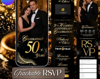 50th Wedding Anniversary Invitation with RSVP Tracker, Elegant Black and Gold Theme Website Invitation : Instant Download