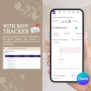 Może przedstawiać: Ekran smartfona wyświetlający formularz Google o tytule Copy of RSVP Google Form z 6 odpowiedziami. Interfejs pokazuje kartę podsumowania z wykresem słupkowym frekwencji oraz arkusz kalkulacyjny z sygnaturami czasowymi i liczbą gości.