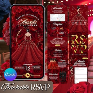 Quinceañera Website Invitation with RSVP Tracker, Red Floral Editable Canva Web Invites : Instant Download Q1