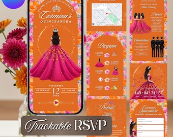 Pink Orange Floral Quinceañera Website Invitation, Bright Floral Sweet 16 XV Años (Instant Download)