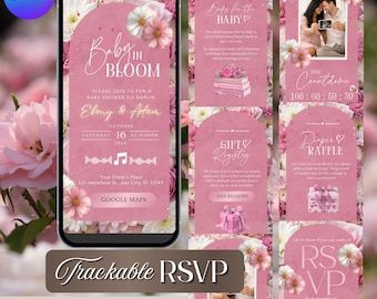 Pink Floral Baby Shower Website Invitation, Spring Bloom Theme, Editable Canva (Digital Download)