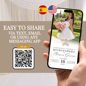 Może przedstawiać: Smartfon wyświetlający cyfrowe zaproszenie na Quincea&ntilde;era z kodem QR oznaczonym TRY ME. Ekran pokazuje osobę w białej sukience trzymającą r&oacute;żowe kwiaty, grafikę korony oraz tekst ACOMPA&Ntilde;ANOS A CELEBRAR LA QUINCEA&Ntilde;ERA DE Bianca Garcia.