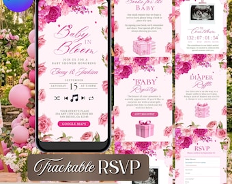 Hot Pink Floral Baby Shower Website Invitation, Blush Roses Theme (Instant Download)