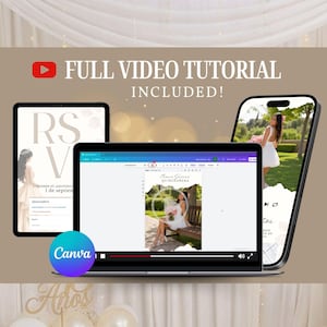 Może przedstawiać: Cyfrowy wyświetlacz pokazujący samouczek wideo dotyczący szablonu zaproszenia na Quincea&ntilde;era na laptopie, tablecie i smartfonie. Ekrany zawierają logo Canva, tekst FULL VIDEO TUTORIAL INCLUDED! oraz zdjęcia osoby w białej sukni na zewnątrz.