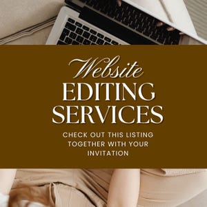 May include: A laptop keyboard and screen are visible at the top of the image. The text "Website EDITING SERVICES" is displayed in white, with additional text below. The background is a solid brown color.