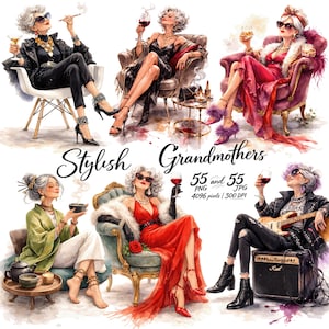 May include: Watercolor illustration featuring six stylish grandmothers in various poses. They are depicted with gray hair, sunglasses, and fashionable attire, enjoying drinks and leisure activities. The text "Stylish Grandmothers" is displayed.