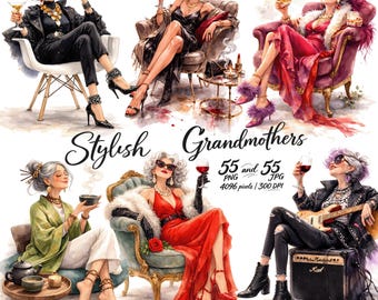 Imágenes prediseñadas de abuelas con estilo, arte de acuarela de moda (descarga digital)