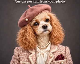 May include: A digital portrait of a dog wearing a dusty pink beret with a pearl accent, a white silk necktie, a pearl necklace, and a pink tweed jacket with pearl buttons. Text reads: THE PARISIAN LADY Custom portrait from your photo.