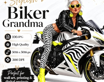 Stylish Biker Grandma Clipart, Retro Motorcycle Grandmother PNG (Digital Download)