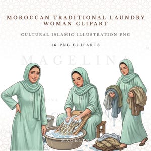 Imágenes prediseñadas de lavandera tradicional marroquí / Ilustración cultural islámica (16 archivos PNG)
