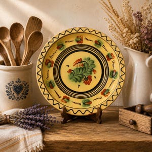 May include: A round ceramic plate with a yellow glaze, featuring a central hand-painted floral motif in green and orange, surrounded by concentric black rings and a scalloped black border pattern along the outer rim, displayed on a wooden stand.