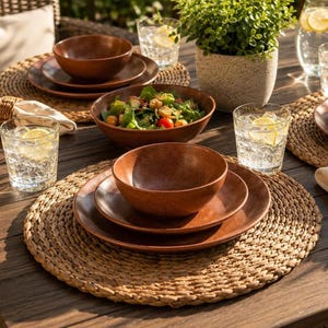 Op de afbeelding: Een set bruin keramieken servies met ronde borden en kommen met een gespikkelde afwerking, geplaatst op gevlochten ronde placemats. De tafelsetting bevat heldere glazen met water en schijfjes citroen, naast een groene plant.