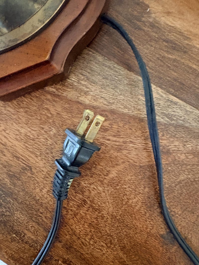 Puede incluir: Primer plano de un enchufe el&eacute;ctrico negro con dos clavijas de lat&oacute;n y un cable negro. El enchufe est&aacute; conectado a un cable negro y el fondo es una superficie de madera. El enchufe es un enchufe el&eacute;ctrico est&aacute;ndar.