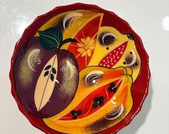 Bol de fruta colorido pintado a mano, plato de cerámica estilo mexicano vintage, decoración